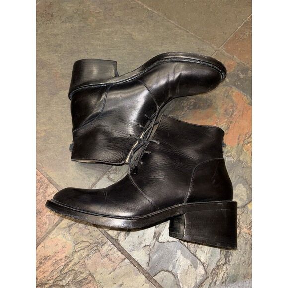 Stradivari Shoes Women Ankle Boots 38 7.5 Black Leather Lace Up Block Heel Italy - Picture 3 of 8